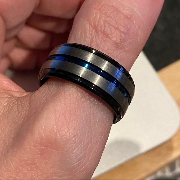 Tungsten Carbide Gunmetal Band Ring NEW! 10.5 Statement Minimalist Blue wedding - Picture 4 of 8
